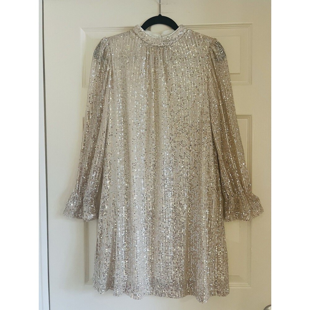Julia Jordan Sequin Trapeze Shift Dress Sz 6 Champagne Ruffle Sleeve Party Glam